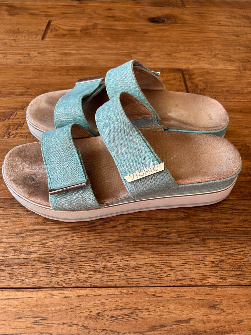 Vionic Brandie Platform Slide Sandals Aqua Linen Orthotic Comfort Size 11 - Picture 5 of 10